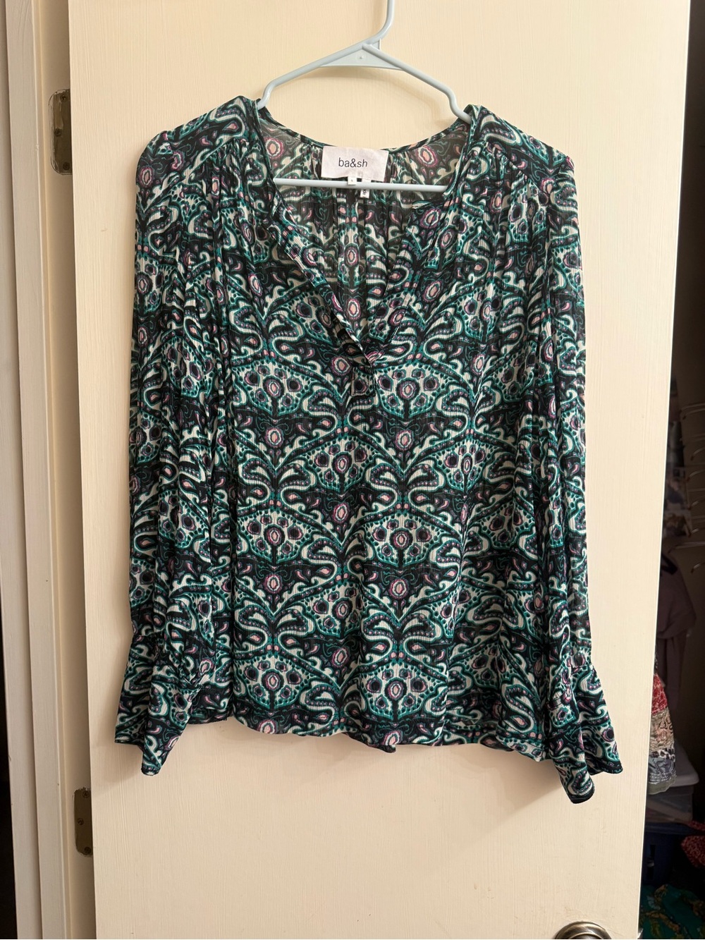 ba&sh Teal and Black Paisley V-Neck Blouse